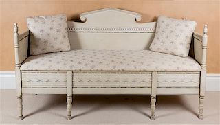 A Gustavian Style Painted Settee Height 40 x width 72 x depth 25 inches.