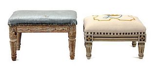 Two Louis XVI Style Footstools Height of first 9 1/2 x width 15 x depth 10 1/2 inches.