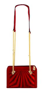 An Escada Red Suede and Silk Handbag, 8.75" x 6" x 2.5"; Strap drop: 16".