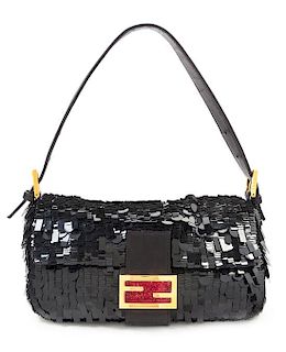 A Fendi Black Sequin Baguette Shoulder Bag, 10" x 6" x 1.5"; Strap drop: 8".