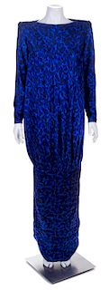 * An Andrea Odicini Blue Silk Animal Print Gown, Size: 44.