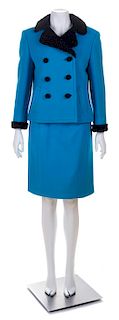 A Ben Zuckerman Turquoise Wool Double Breasted Jacket and Skirt, No size.