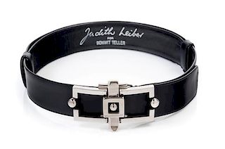 A Judith Leiber Black Leather Belt, 35" (longest length) x 1.25".