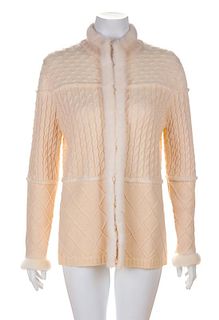 An Escada Cream Wool Cardigan with Fur Trim, Size 38.
