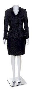 An Escada Couture Black Wool and Silk Jacquard Skirt Suit, Size 36.