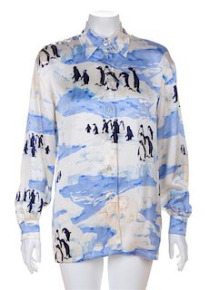 An Escada Blue and Cream Silk Penguin and Polar Bear Blouse, Size 34.