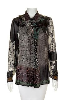 An Etro Black and White Silk Sheer Patterned Blouse, Size 44.