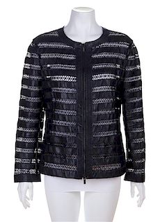 An Armani Black Leather and Lace Stripe Jacket Size 12.