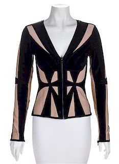 An Herve Leger Black and Tan Body Con Jacket, Size small.