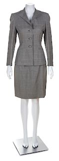 An Ines de la Fressange Black and White Wool Herringbone Skirt Suit, Jacket size 38.