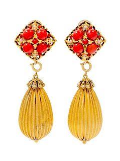 * A Pair of Barrera Coral Bead Drop Earclips, 1" x 3".