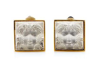 A Pair of Lalique Square Earclips, .5" diameter.
