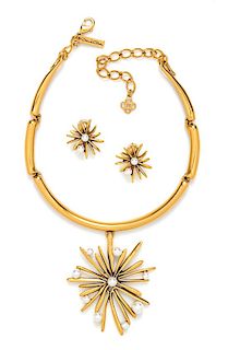 * An Oscar de la Renta Abstract Floral Demi Parure, Choker: 16"; Pendant: 3" diameter; Earclips: 1" diameter.