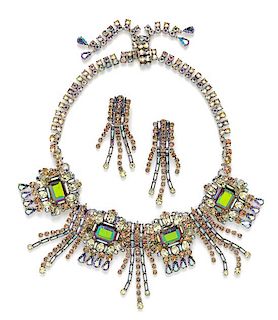 * A French Multicolor Iridescent Rhinestone Demi Parure, Necklace: 17" x 2.75"; Earclips: .75" x 2.75".