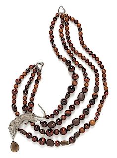 * An Alexis Bittar Brown Bead Multistrand Rhinestone Panther Necklace, 18".