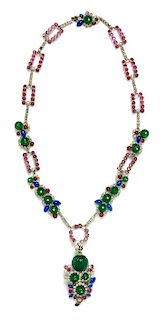 * A Green Glass and Gripoix Necklace, Length: 28.75"; Drop: 4.5".