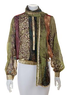 * A Koos Silk Multicolor Patchwork Silk Blouse and Matching Scarf, Blouse no size; Scarf: 61" x 12.5".
