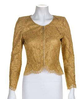 A Mary McFadden Gold Lace Bolero Jacket and Silk Evening Harem Pant Ensemble, Bolero size 4; Harem pant no size.
