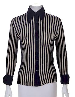 * A Milo Schon Navy and White Striped Cashmere Blouse, Size 10.