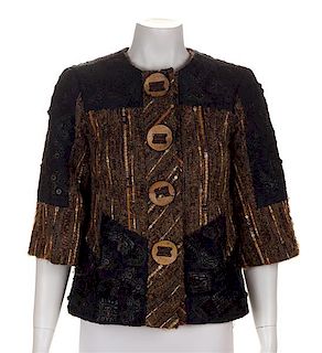 A Petrou Navy and Brown Leather Embellished Jacket, No size.
