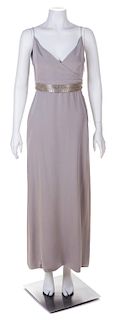 A Richard Tyler Pale Grey Gown, Dress no size; Belt: 26.25" x 1.5".