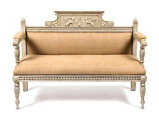 A Swedish Neoclassical Painted Settee Height 37 x width 54 x depth 26 inches.