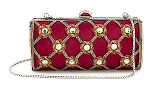 A Judith Leiber Red Satin and Chain Motif Clutch, 5.25" x 3" x 1.5".