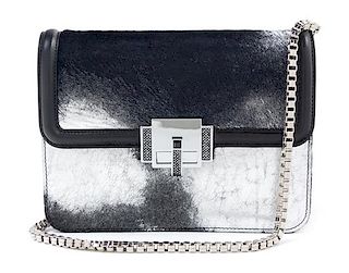 * A Judith Leiber Black and Silver Leather and Calf Hair Bag, 8.5" x 6.5" x 2"; Strap drop: 10".