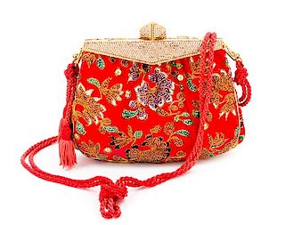 A Judith Leiber Red Satin Crystal Embroidered Evening Bag, 7" x 5.5" x 1.25".