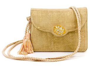 A Judith Leiber Gold Suede Evening Bag, 5.5" x 4.5" x 1".