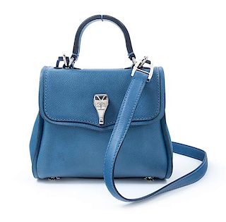 A Kieselstein-Cord Blue Leather Handbag, 7.5" x 6" x 3"; Shoulder strap: 19.5"; Top handle: 3".