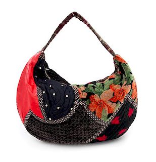 * A Koos Red Leather and Patchwork Hobo Bag, 20" x 14" x 4".