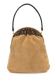A Loewe Tan Suede Handbag, 10" x 11" x.5"; Handle drop: 4.5".