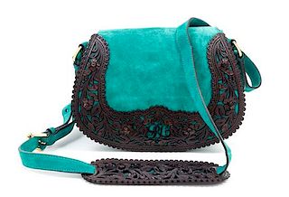 A Ralph Lauren Green Suede Flap Shoulder Bag, 9" x 7" x 2.5";