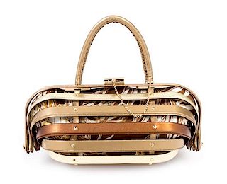 * A Salvatore Ferragamo Gold and Bronze Leather "Cage" Handbag, 12" x 6" x 5"; Handle drop: 4".