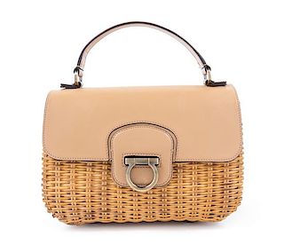 A Salvatore Ferragamo Tan Leather and Wicker Handbag, 10" x 6.5" x 5"; Handle drop: 3.5".