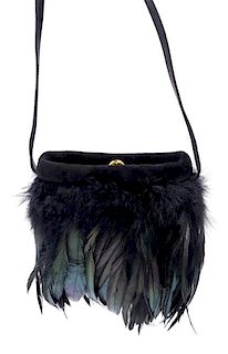 A Salvatore Ferragamo Black Suede and Green Feather Crossbody Handbag, 6" x 5"; Strap drop: 23".