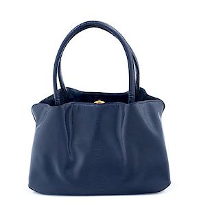 A Navy Leather Embossed Handbag, 10" x 7" x 2"; Handle drop: 5.5".