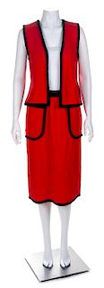 A Saint Laurent Red Wool Vest and Skirt Ensemble, Size medium.