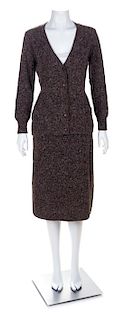 A Saint Laurent Brown Tweed Ribbed Skirt Ensemble, Cardigan no size; Skirt size large,