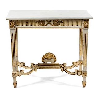 A Swedish Painted and Parcel Gilt Occasional Table Height 29 x width 33 x depth 20 inches.
