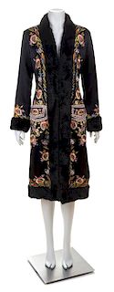 A Sue Wong Black Silk Embroidered Coat with Faux Fur Trim, Size 6.