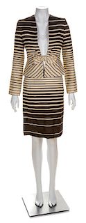 A Valentino Brown and Cream Linen Striped Skirt Suit, Skirt size 6.