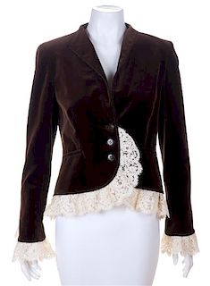 A Valentino Brown Velvet Jacket with Lace Trim, Size 8.