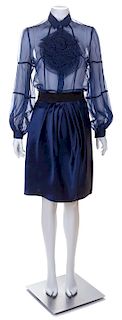A Valentino Blue Silk Skirt Ensemble, Skirt size 6; Blouse no size.