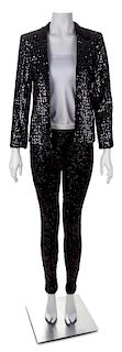 A Zadig & Voltaire Black Sequin Jacket and Legging Ensemble, Jacket size: small; Legging size 36.