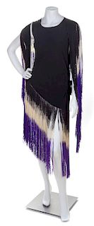 A Black Sleeveless Flapper Dress with Purple and White Fringe. No size.