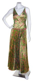 * A Green and Pink Metallic Floral Camisole and Pant Ensemble, No size.