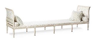 A Gustavian Painted Bench Height 30 x width 122 x depth 29 inches.