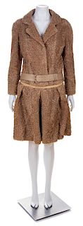 * A Bergdorf Goodman Tan Persian Lamb Fur Skirt Suit, No size. Belt: 39"- 41.75" x 1.75".